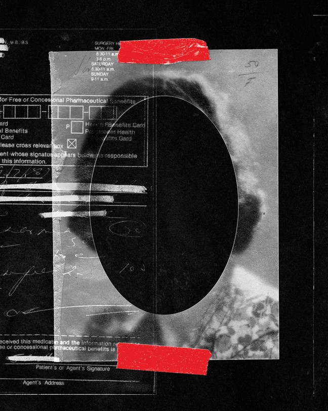 A cutout photo of a woman with a prescription superimposed on it