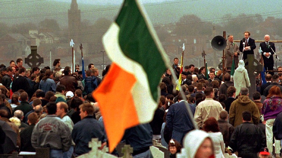 Martin McGuinness addresses a republican crowd in Milltown Cemetery, April 16, 1995.