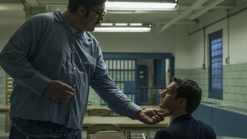 Serial killer Edmund Kemper (Cameron Britton) and FBI Agent Holden Ford (Jonathan Groff) in Netflix's 'Mindhunter,' directed by David Fincher