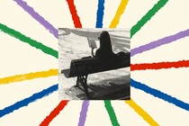 A starburst of colorful stripes including purple, yellow, green, red, and blue extend out from a black-and-white photo of a young woman reading a book on a park bench.