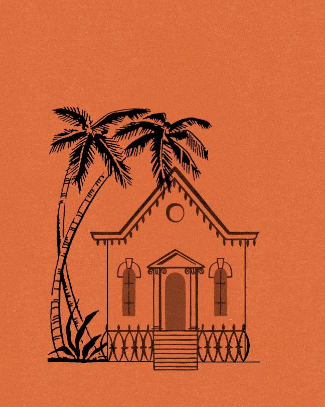 A small house growing into a taller building, next to palm trees