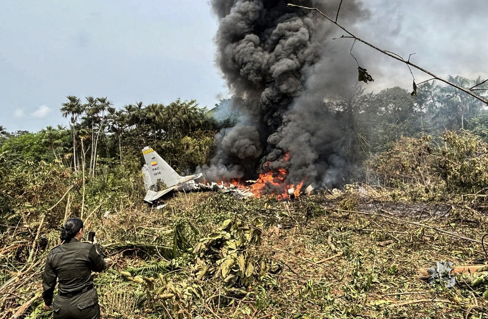 A soldier looks on as a crashed plane burns, sending up a thick column of black smoke.