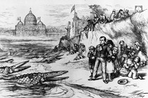 A cartoon by Thomas Nast depicting Catholic bishops as crocodiles eager to gobble up American schoolchildren. It first appeared in Harper's Weekly on September 30, 1871.