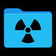 A blue computer-folder icon with a radiation-hazard symbol, against a black background