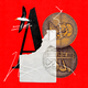 Illustration with Atlantic "A: logo, torn mailing label, albatross, two sides of a coin, and white scribbles on red background