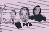 Collage of three photos of the same man at different ages on a field of mauve with musical notation behind it.