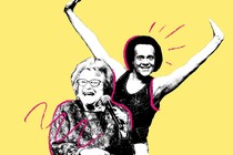 Collage of Dr. Ruth and Richard Simmons against a yellow backdrop