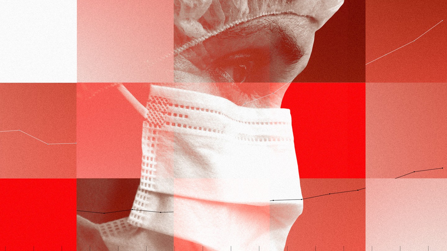 A masked health-care worker stares ahead against a red background.