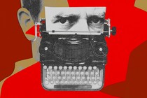 A photo illustration of a typewriter, with the silhouette of a person in a trench coat and hat and John le Carré's eyes