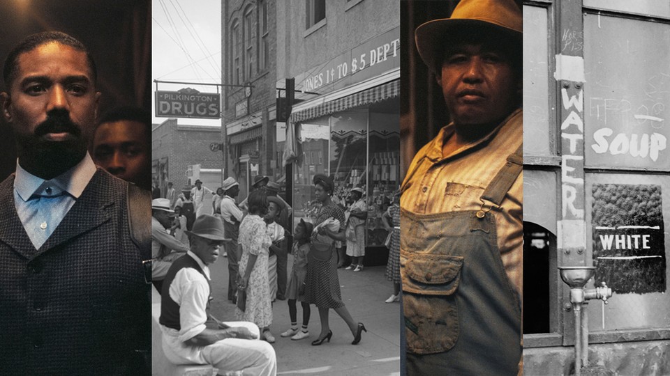 Collage of stills from the film 'Sinners' and historical photographs