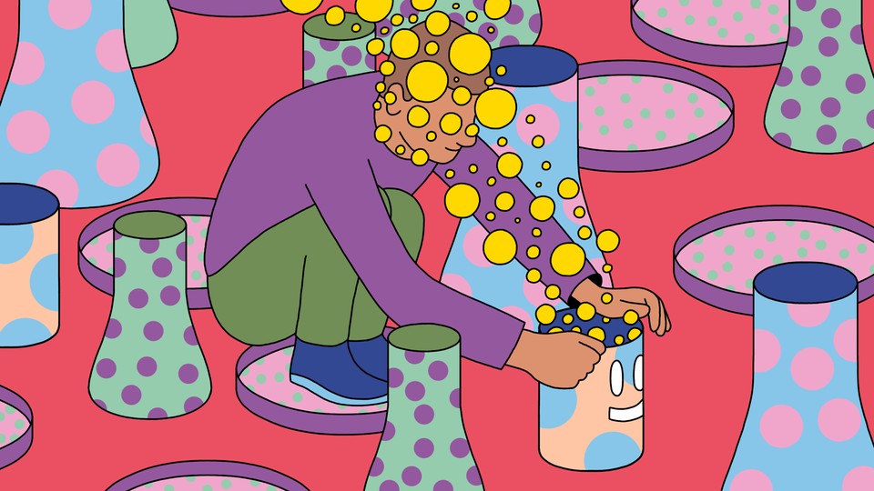 An illustration showing a man enveloped by bubbles of inspiration from an open beaker.