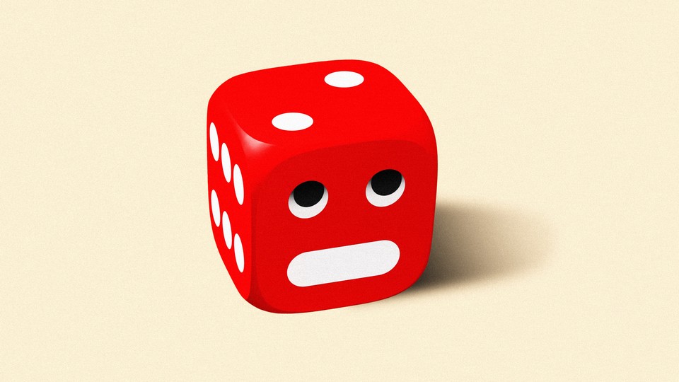 A single dice with a face looking distraught