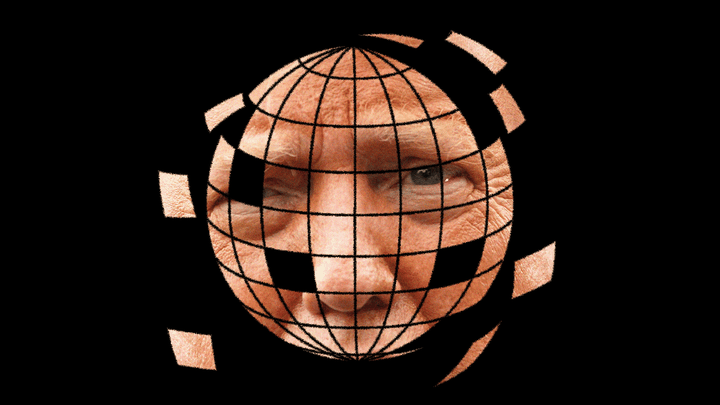 An illustration of the globe made up of images of Trump's face.