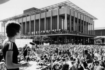 A black and white photograph of a large rally on affirmative action