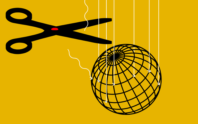 Illustration of scissors cutting threads from which a globe is hanging