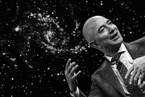 A composite image featuring a picture of Jeff Bezos against a backdrop of stars