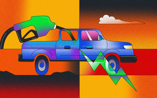 An illustration of a pickup truck with a gas pump and a lightning bolt.