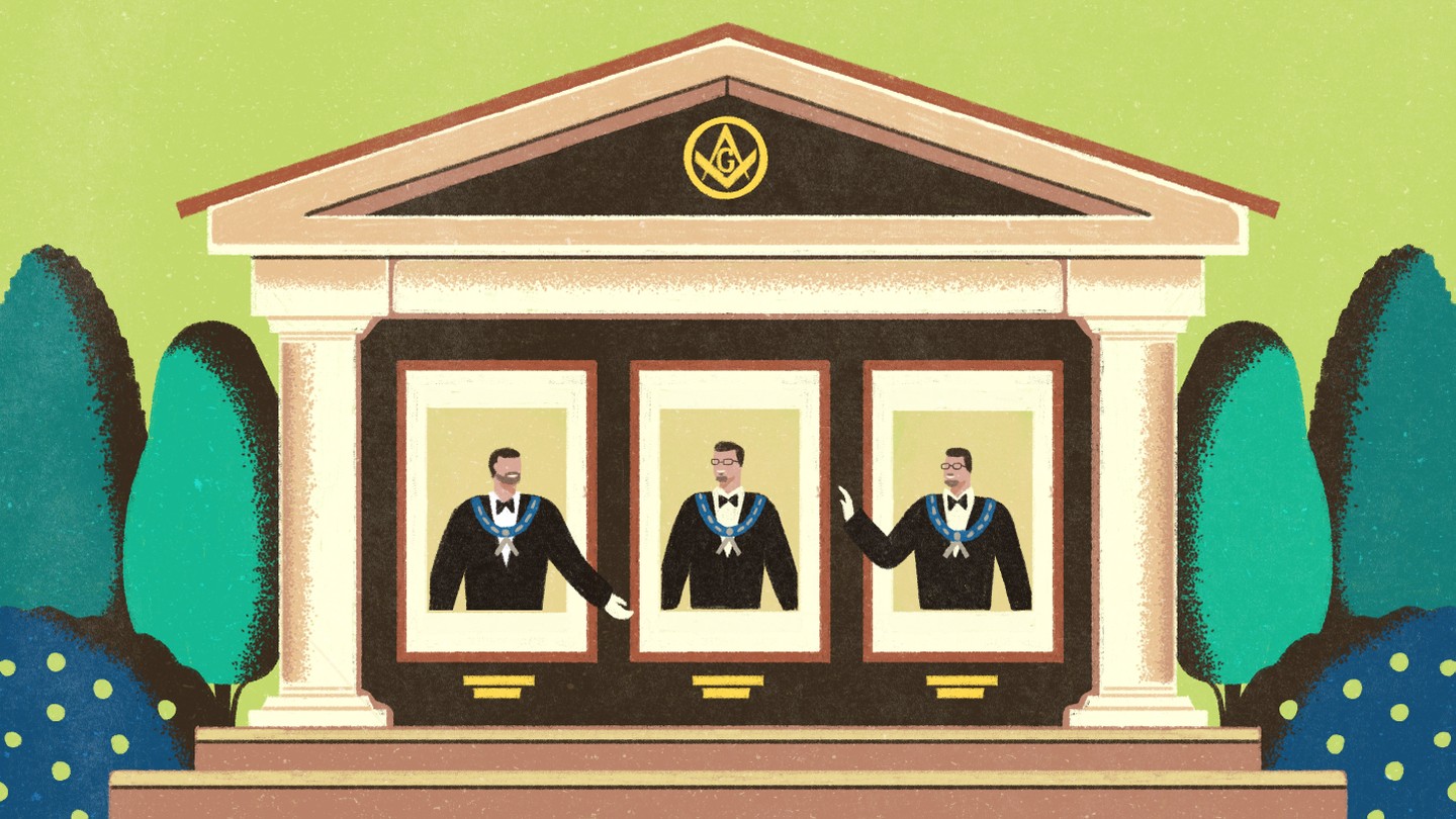An illustration of three men in a Masonic lodge. 