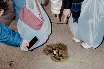 A hole in the shape of a rat in the sidewalk, filled with coins and a small rat toy. People are gathered around pointing at it and taking photos.