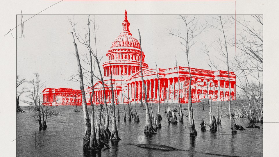 Photograph of a swamp superimposed with a red drawing of the Capitol building.
