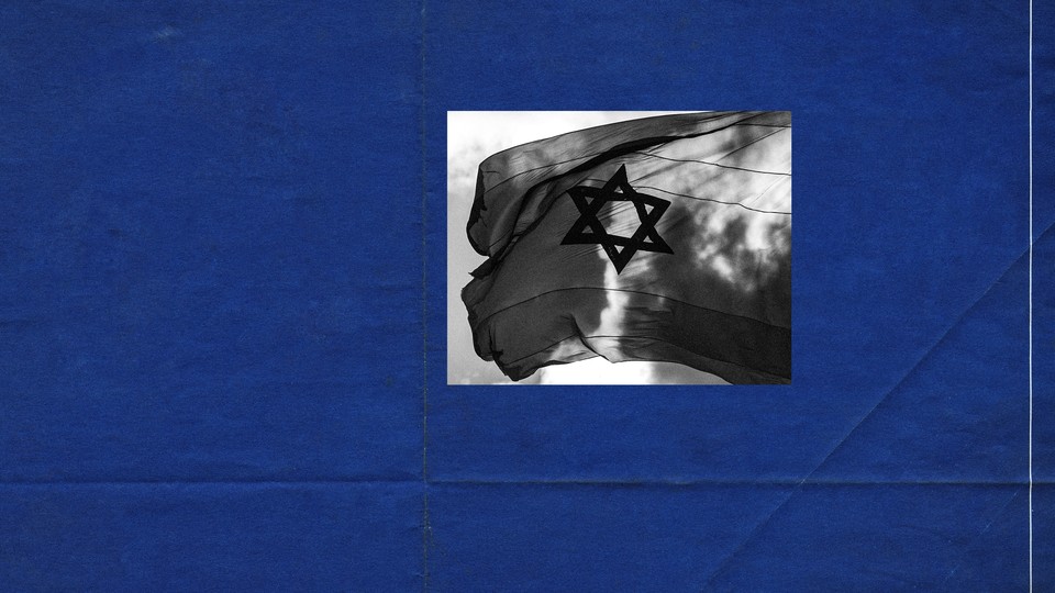 Illustration with a black-and-white image of Israel's flag in front of a blue background.