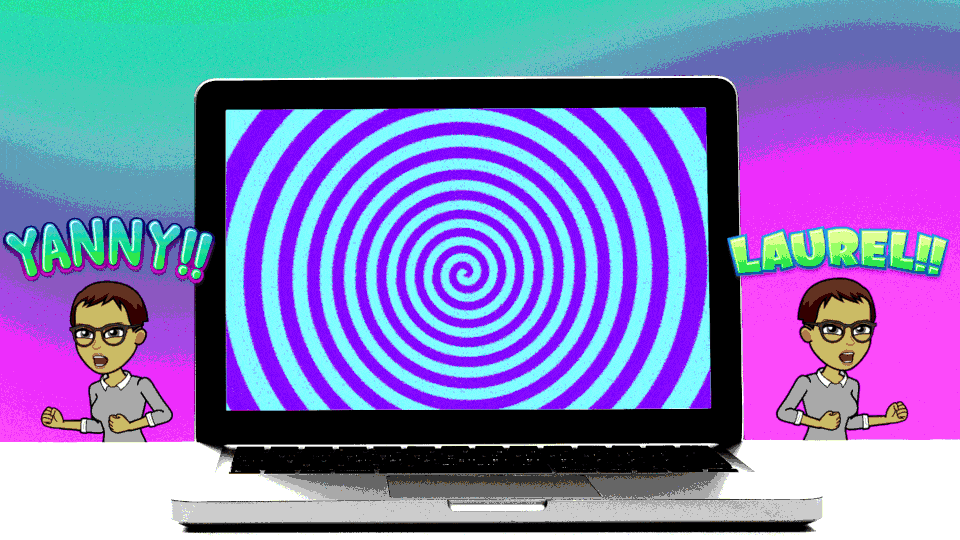 A laptop with a hypnotic moving swirl, with a Bitmoji on either side—one yelling "Yanny" and one yelling "Laurel"