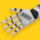 A bionic prosthetic hand covered in barcodes and "Made in USA" logos, set against a yellow background