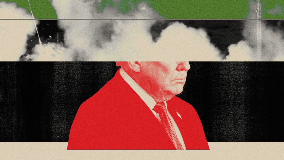 Illustration with a red-tinted photograph of Donald Trump with the top half of his head omitted, white smoke, and black and green horizontal stripes behind Trump