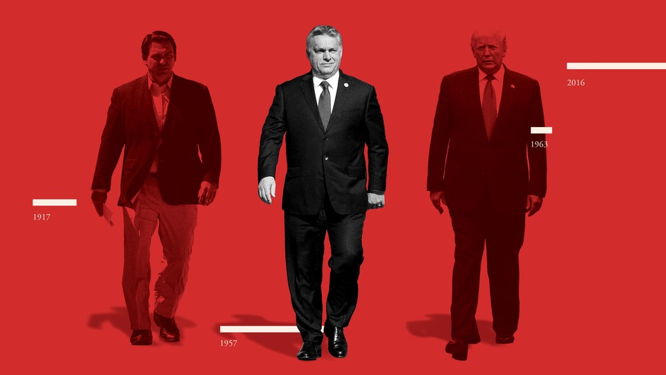 A photo illustration showing Viktor Orbán flanked by Ron DeSantis and Donald Trump