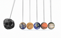 An illustration of an asteroid knocking into the planets of the solar system as if the objects were beads on an abacus