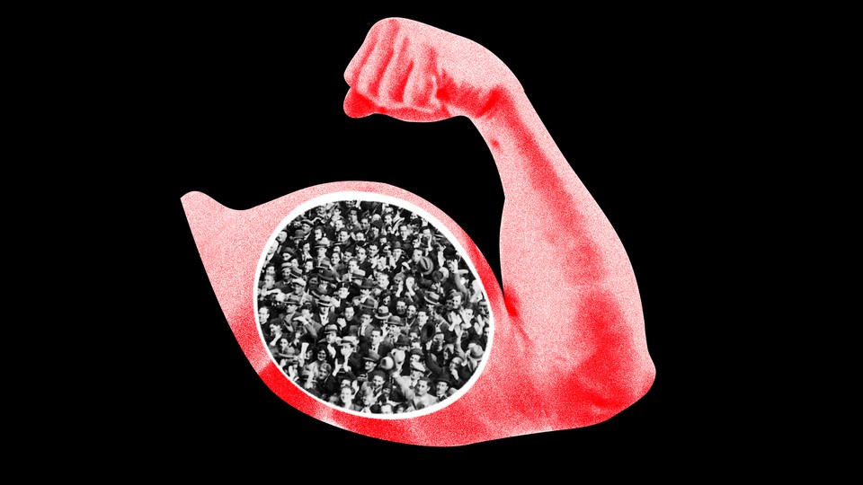 A red cartoon arm with a black and white photo cutout of masses of people in the arm's bicep