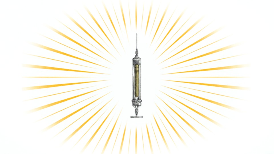 A syringe at the center of a golden starburst