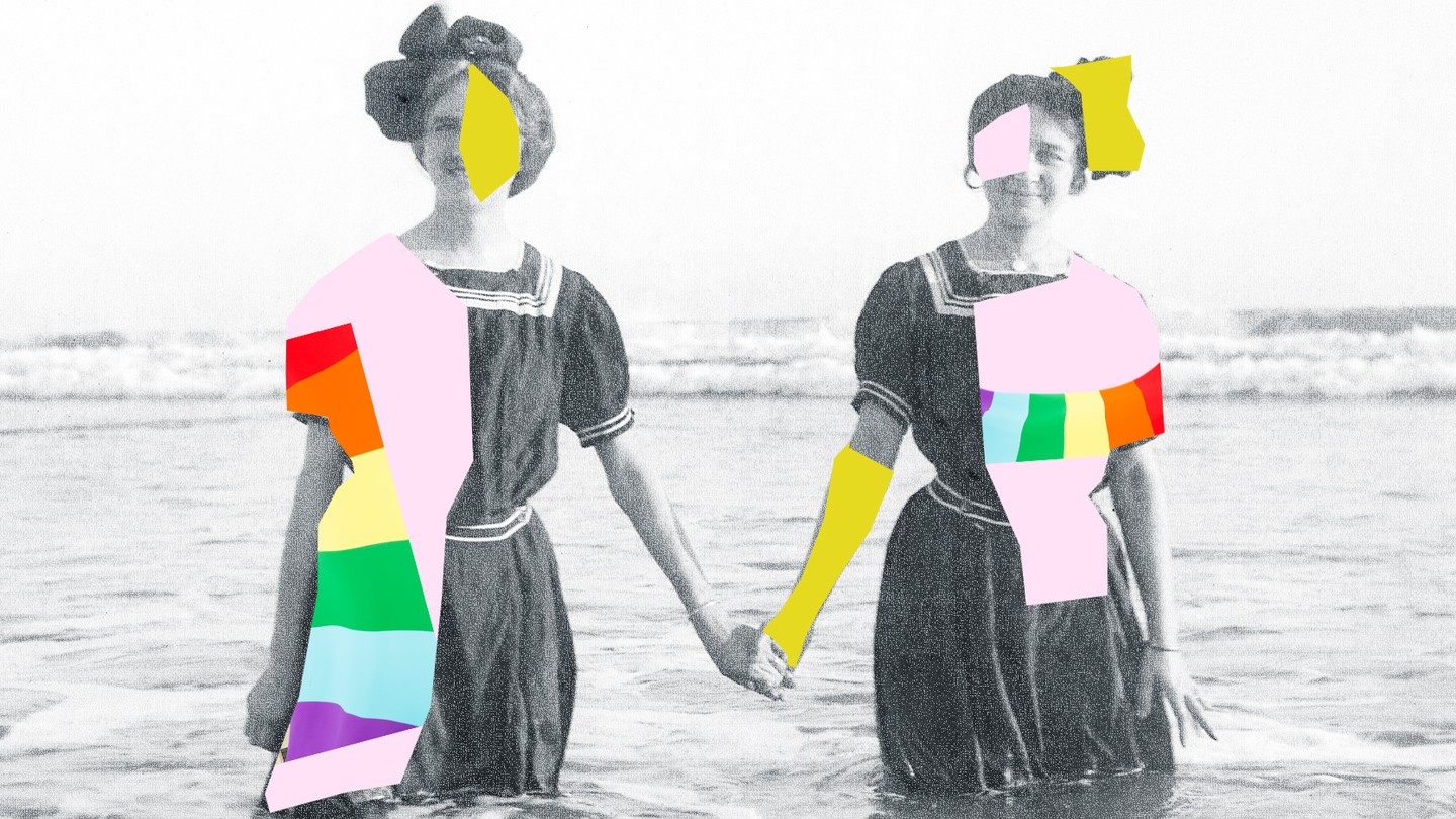 A black-and-white photo of two women holding hands while standing in the ocean is overlaid with colorful graphic shapes.