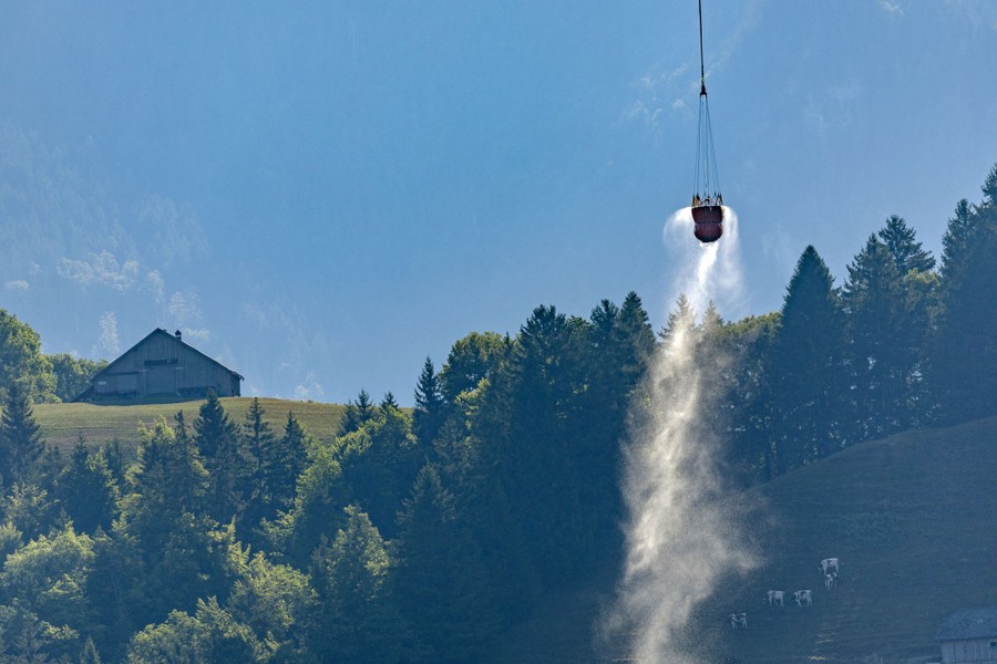A large bucket hanging from a helicopter (unseen) carries water from a lake.