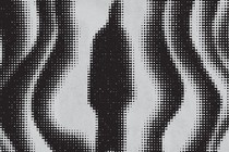 Grayscale illustration of dark figure surrounded by waves of gradated black and white