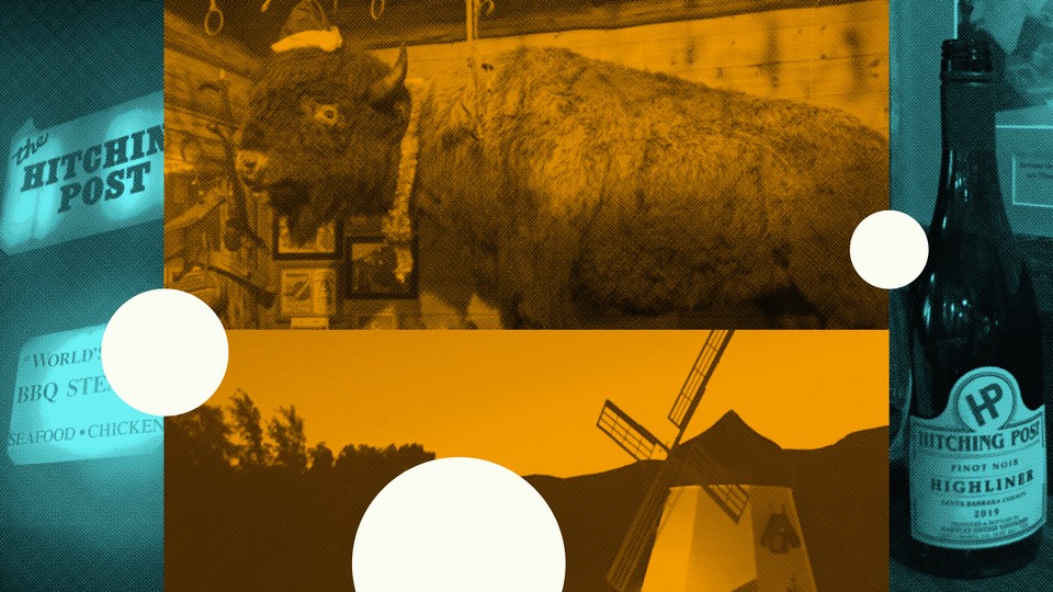 A collage of the Hitching Post II sign, a stuffed bison, a bottle of pinot noir, and a windmill on the side of a highway