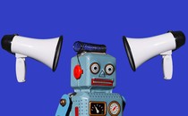 Illustration of two megaphones pointed at a robot