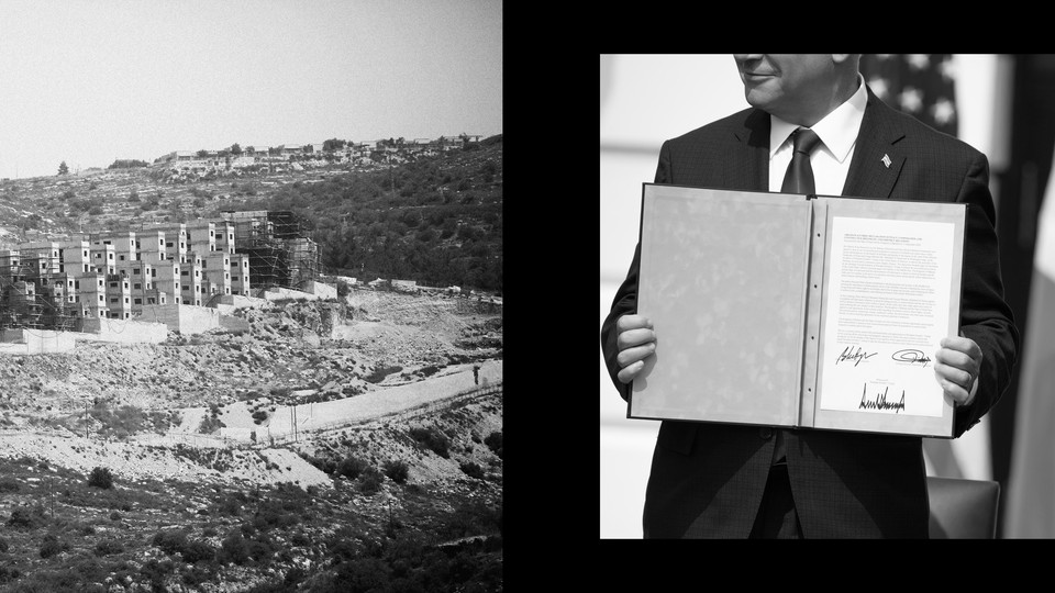 Two black-and-white photographs next to each other—on the left, destruction in the West Bank, and on the right, an official holding up the signed Abraham Accords