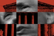 Photos of the Supreme Court building and Donald Trump spliced together