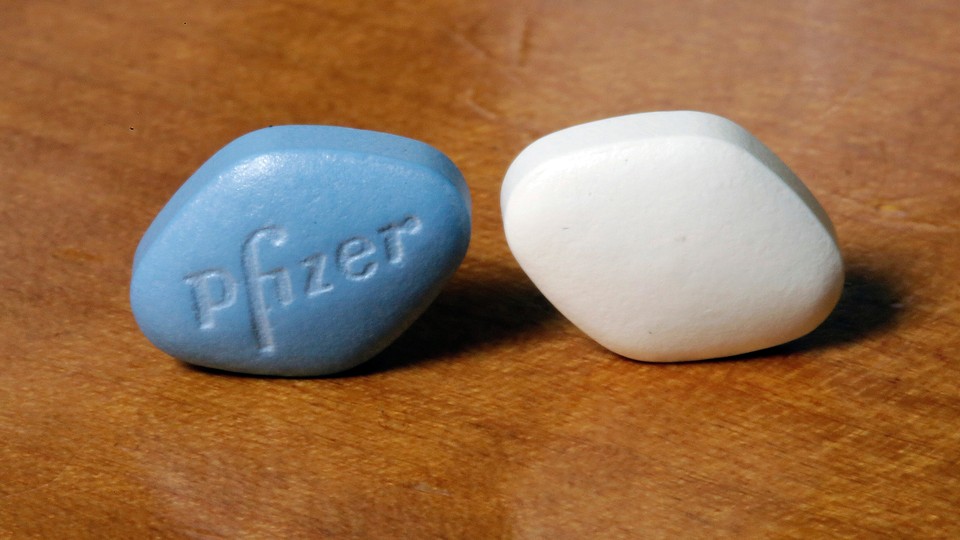 blue and white diamond-shaped pills from Pfizer known as viagra