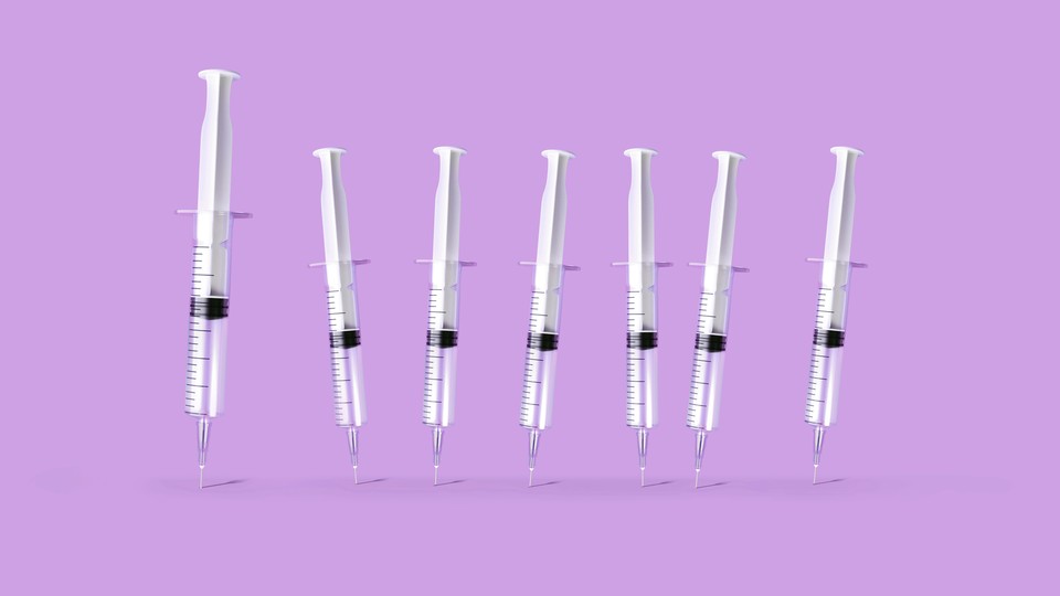 Illustration of a big vaccine syringe with a line of smaller ones trailing behind