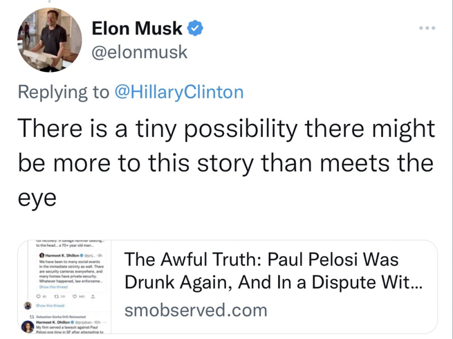 Screenshot of Elon Musk tweeting a link to a conspiracy theory.