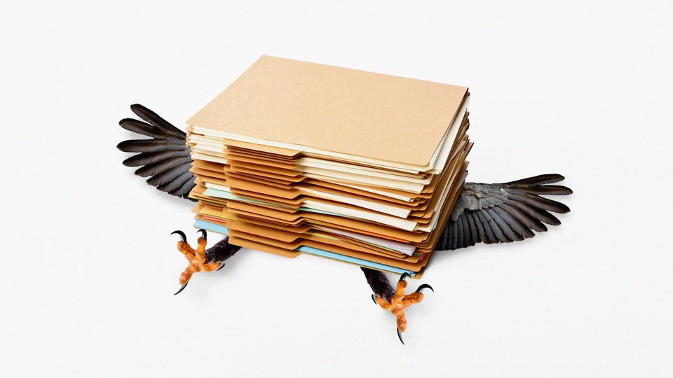 An illustration of a stack of paper files crushing an eagle.