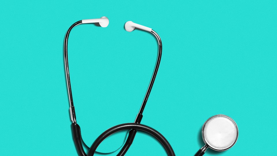Picture of a stethoscope with air pods in place of the ear pieces