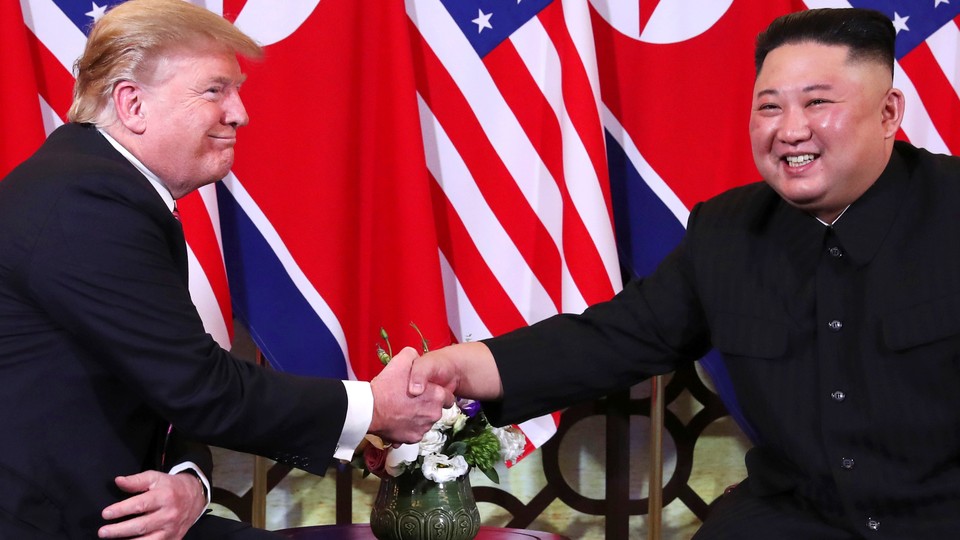President Donald Trump and North Korean dictator Kim Jong Un shake hands in Hanoi, Vietnam.