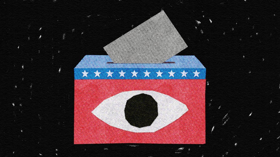 Illustration of red white and blue ballot box on a black background with an eye on the ballot box