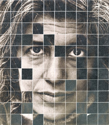 photo portrait of susan sontag with a white grid overlaid on top of it