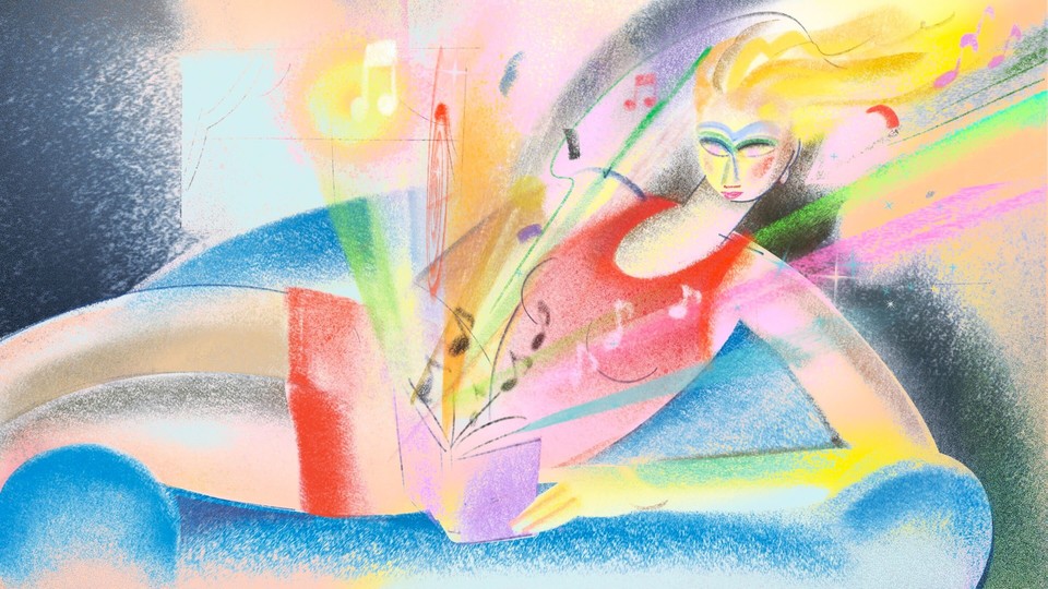 An illustration of a woman reading a book on a couch