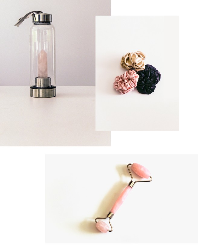 A Glacce Crystal Elixir Water Bottle, slip silk scrunchies, and a rose-quartz face roller