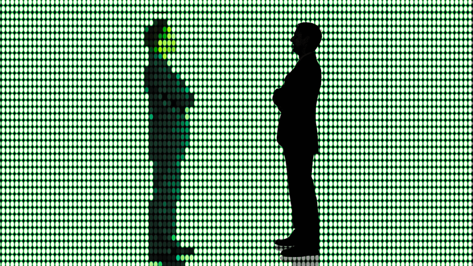 An illustration of a silhouette facing its pixelated double